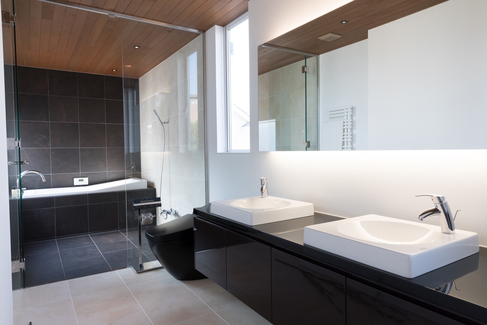 custom bathroom by creative property renewal - wood ceiling - lightbox