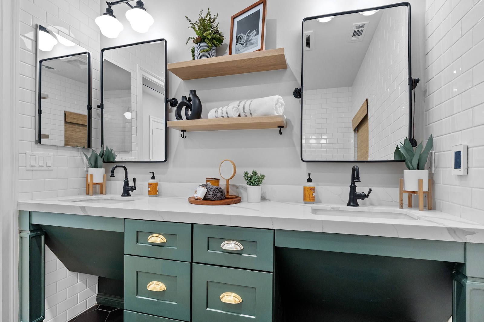 custom bathroom vanity by creative property renewal - wood ceiling